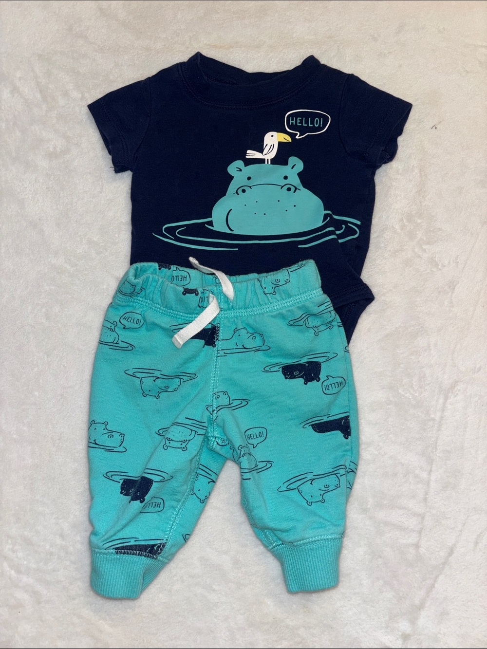 Carters 3 month Navy & Aqua Hippo Baby Two-Piece Set